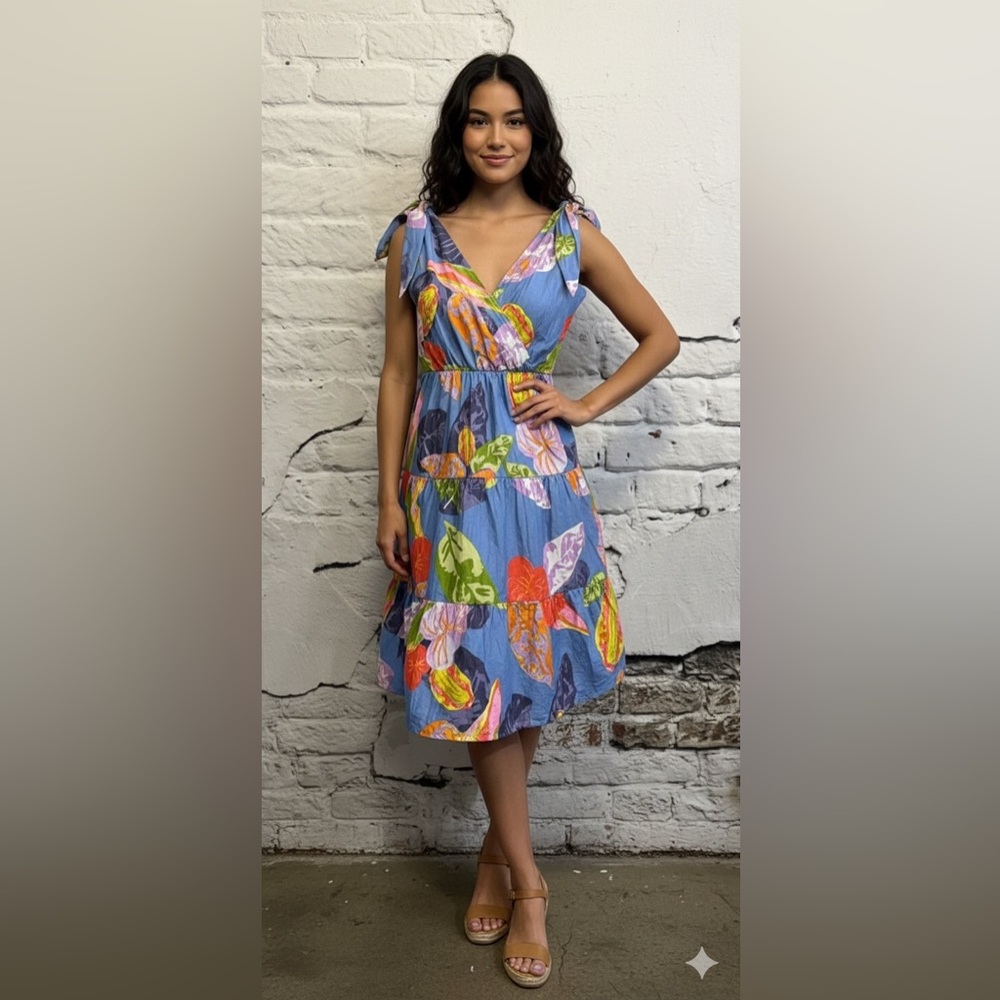 Kiki Sol Colorful Floral Sleeveless Dress Tie Straps Boho Tiered Midi V-Neckline